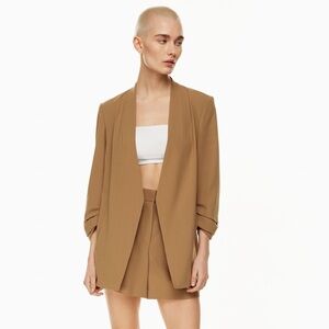 Babaton Power Blazer Mirror Crepe in Tan.